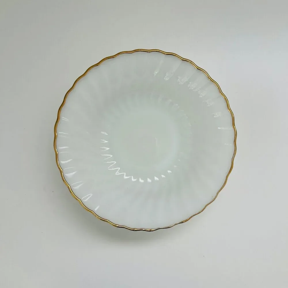 ANCHOR HOCKING Fire-King Milk Glass Golden Shell Swirl Gold Trim Vegetable Bowl